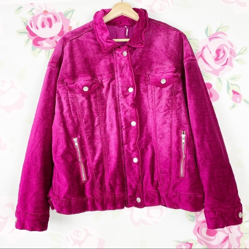 NEW Free People Magenta Pink Velvet Trucker Oversized Jacket M L